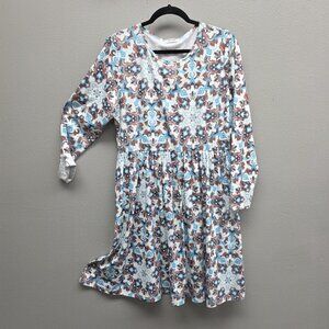 Pintage Dress Womens XL Blue Brown Long Sleeve Fit & Flare Boho Pattern Stretch